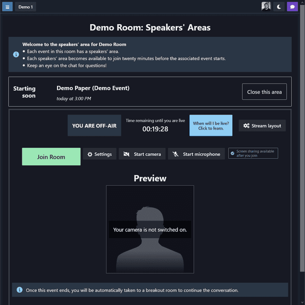 A Midspace speakers' area in the Demo Room. The open speakers' area is for an event presenting a paper called Demo Paper. The "You are off air" message is visible to the left of a central countdown timer. The join room controls are shown and are the same as the buttons for entering a social room.