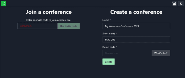 Midspace app showing the Join a conference using an invite code form on the left half of the page.