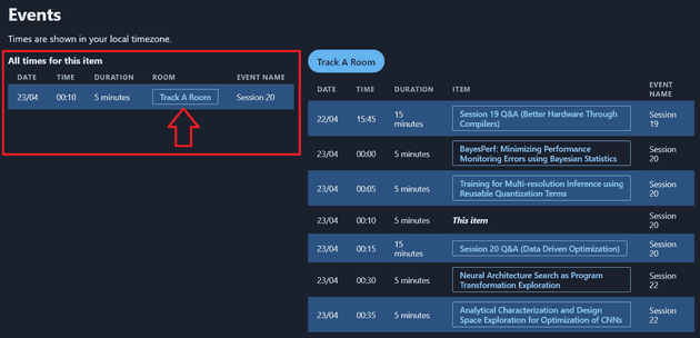 The Schedule section at the bottom of a Midspace item page, highlighting the left hand table that shows all times/rooms where the item is scheduled to be presented. An arrow points to the room button on a particular event which is a row in the schedule table.