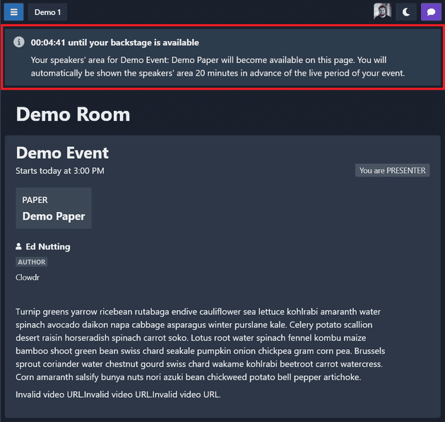 A Midspace room called Demo Room showing the countdown to when the speakers' area will become available for an event called Demo Event.